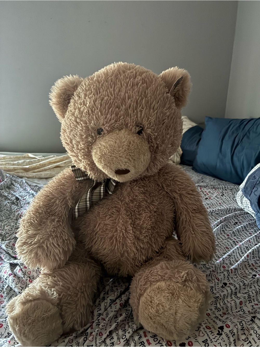 Plush Giant Brown Teddy Bear with Plaid Bow - Kids Toy